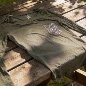 Brenda's USA Olive Green Long Sleeve Top with Silver Sequin Pocket
